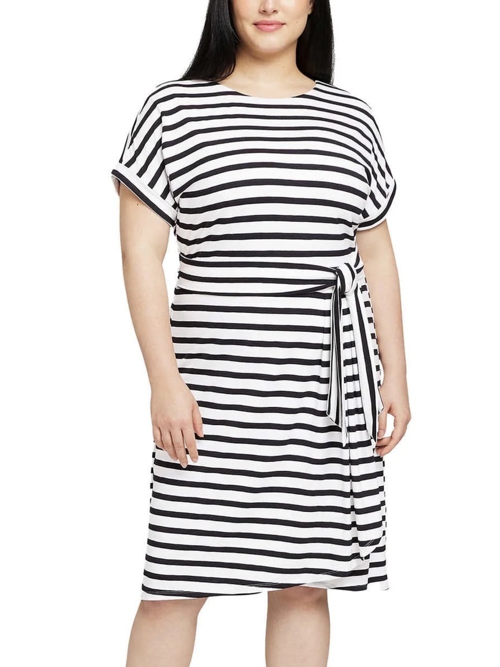 Chaps women's Crewneck Knit dress white black striped short sleeve tshirt belted